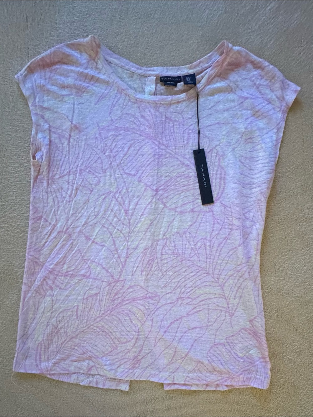 Tahari Soft Pink Leaf-Print Cap Sleeve Top 100% Linen